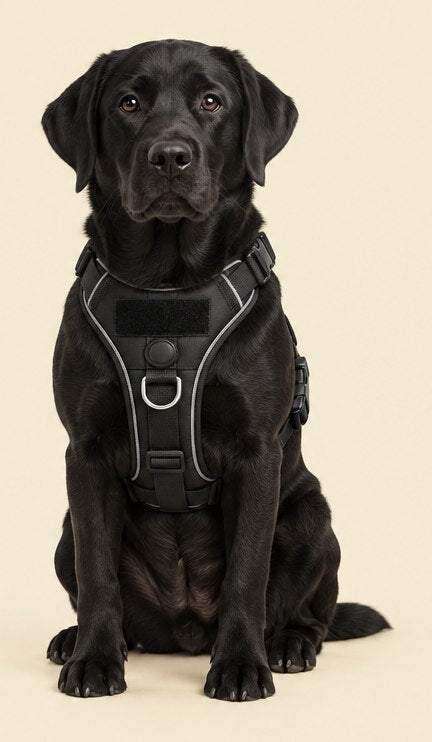 Labrador assis portant le harnais WAGAMI